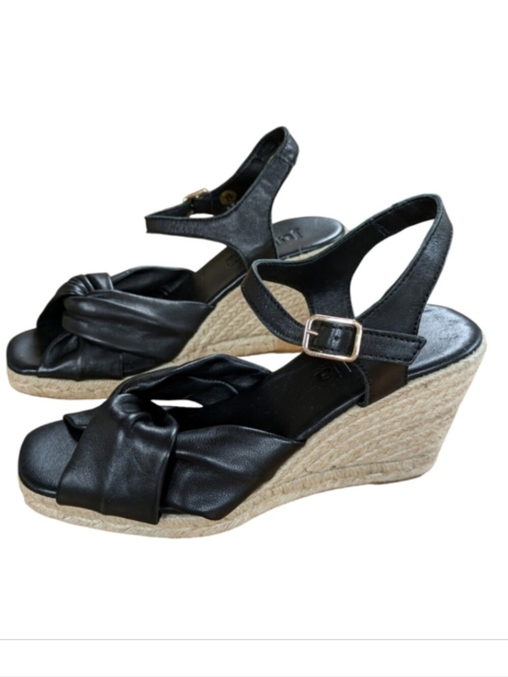 Jutelia Black Leather Espadrille Wedge Sandals Size 39